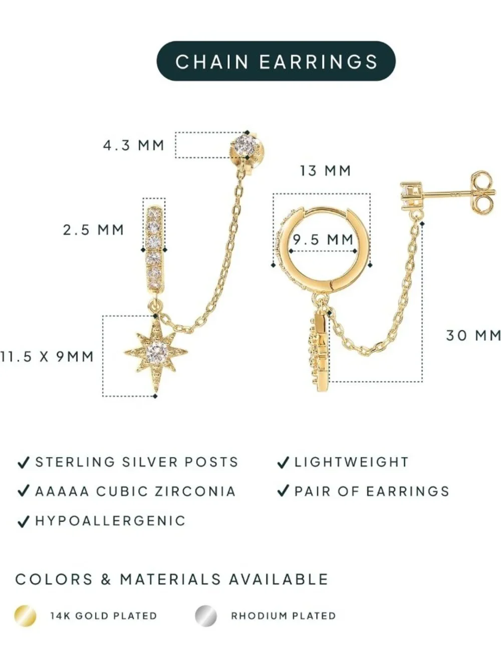 14K Gold Dangle Chain Huggie Hoop Earrings | Double Piercing with CZ & Pearl